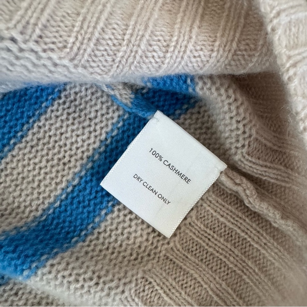 White + Warren 100% Cashmere Blue and Cream/Tan Striped Sweater Large - Picture 6 of 8